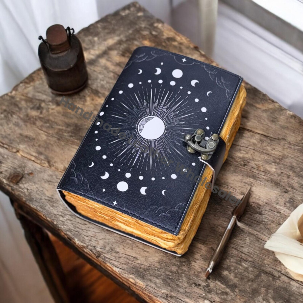 Large Leather Grimoire Journal: Moon Phases Spell Book
