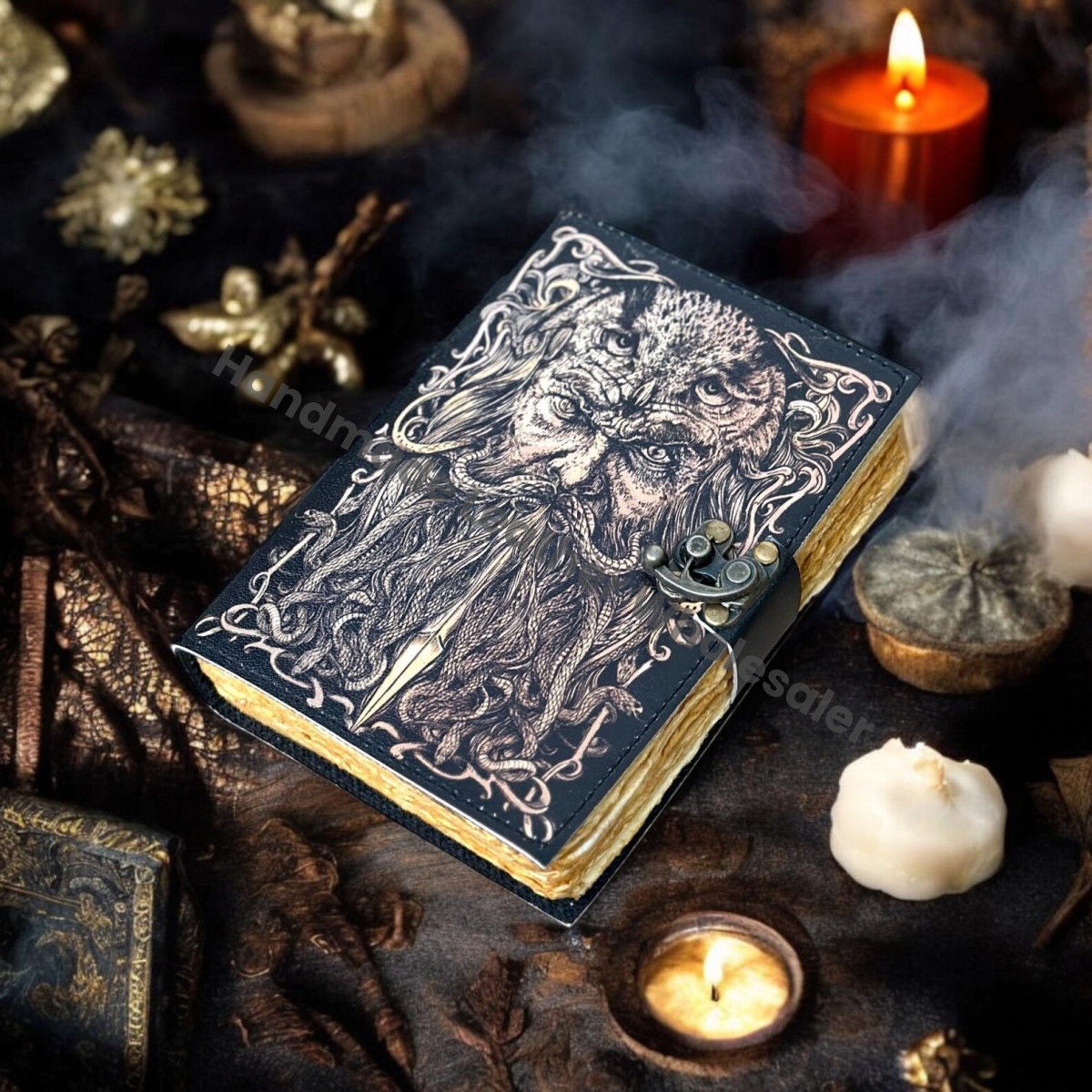 Large Leather Grimoire Journal: Tree of Life, Blank Book of Shadows