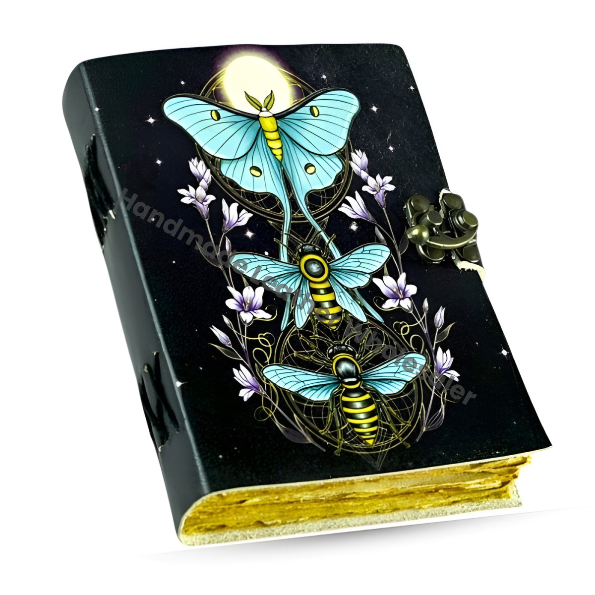 Large Leather Grimoire: Luna Moth Print, Blank Book of Shadows