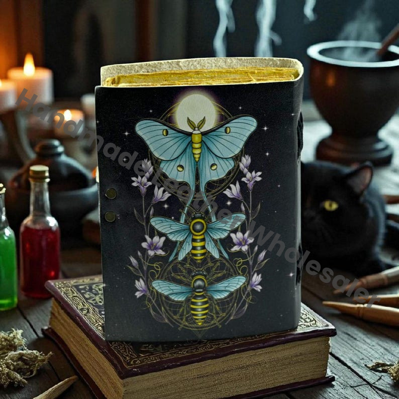 Large Leather Grimoire: Luna Moth Print, Blank Book of Shadows