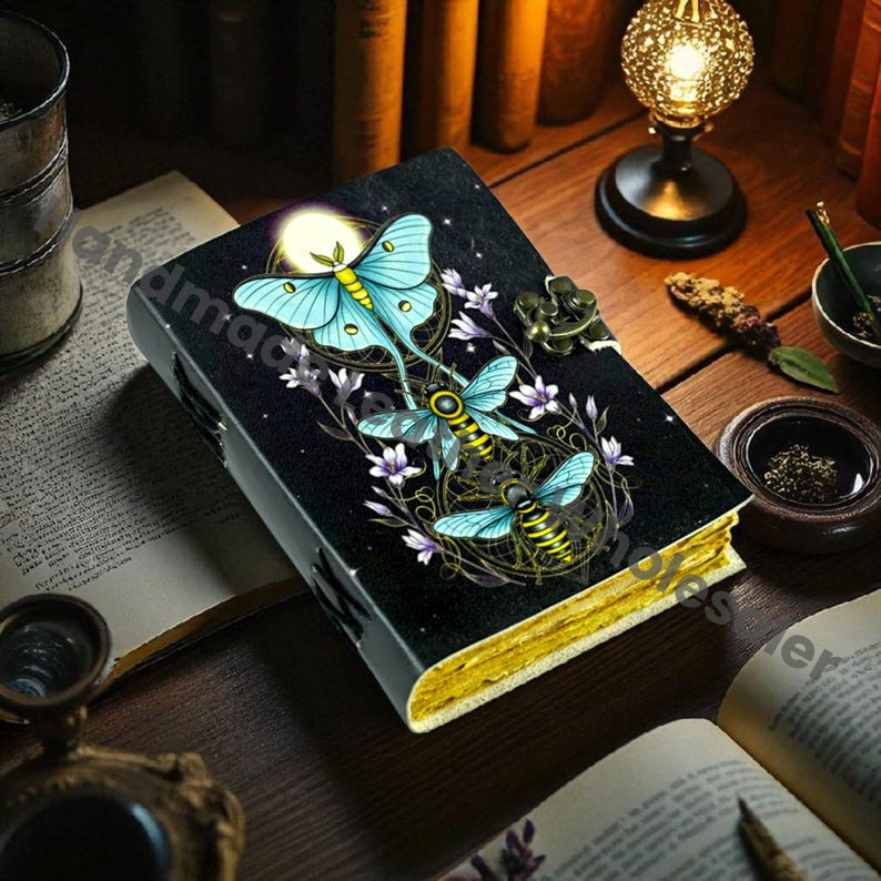 Large Leather Grimoire: Luna Moth Print, Blank Book of Shadows