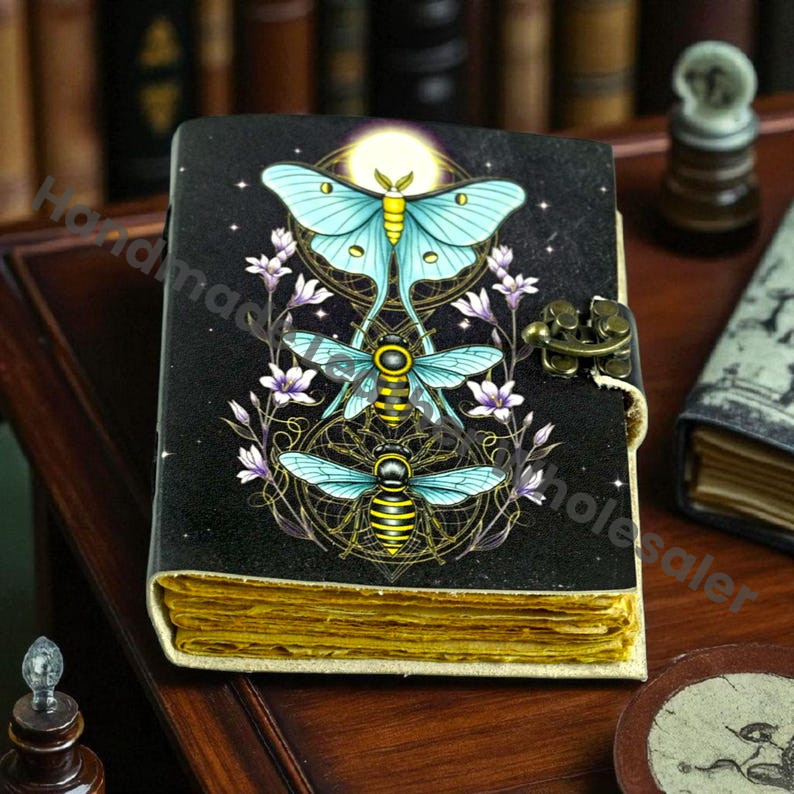 Large Leather Grimoire: Luna Moth Print, Blank Book of Shadows