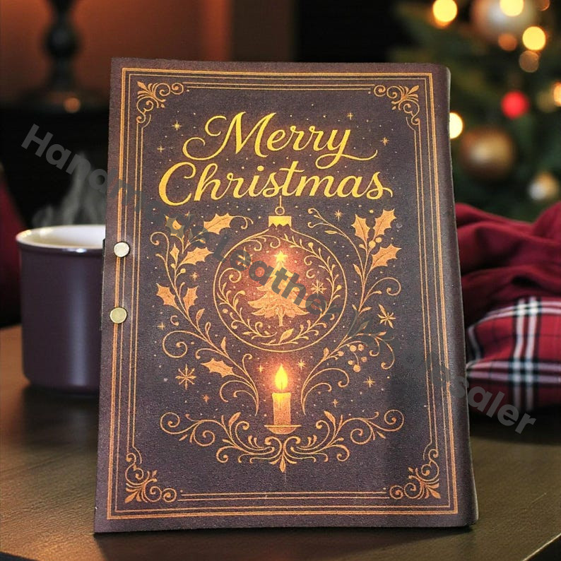 Large Leather “Merry Christmas” Journal – Vintage Handmade Notebook with Antique Lock | Gift Edition.