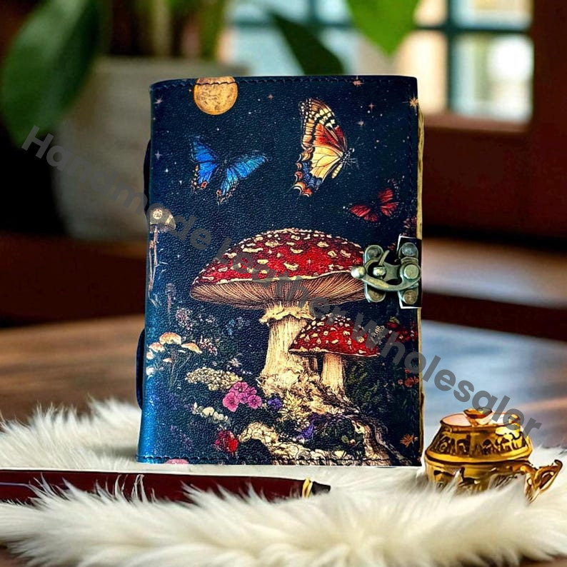 Large Mushroom Leather Grimoire – Book of Shadows, Witchcraft Spellbook, Wiccan Pagan Journal, Gothic Witchy Magic Gift