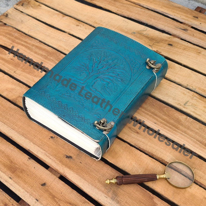 Large Tree of Life Leather Journal, Ocean Blue