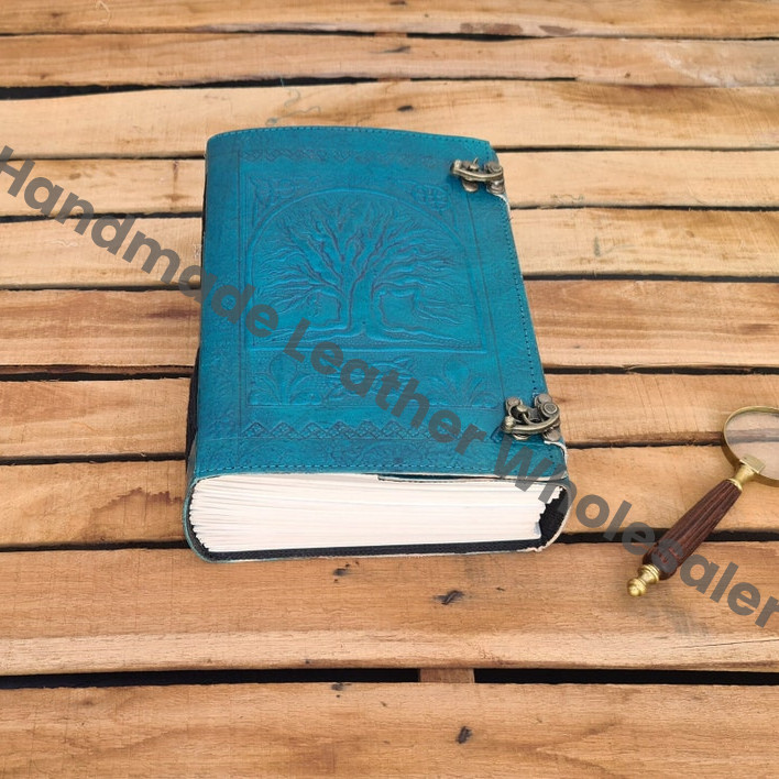 Large Tree of Life Leather Journal, Ocean Blue