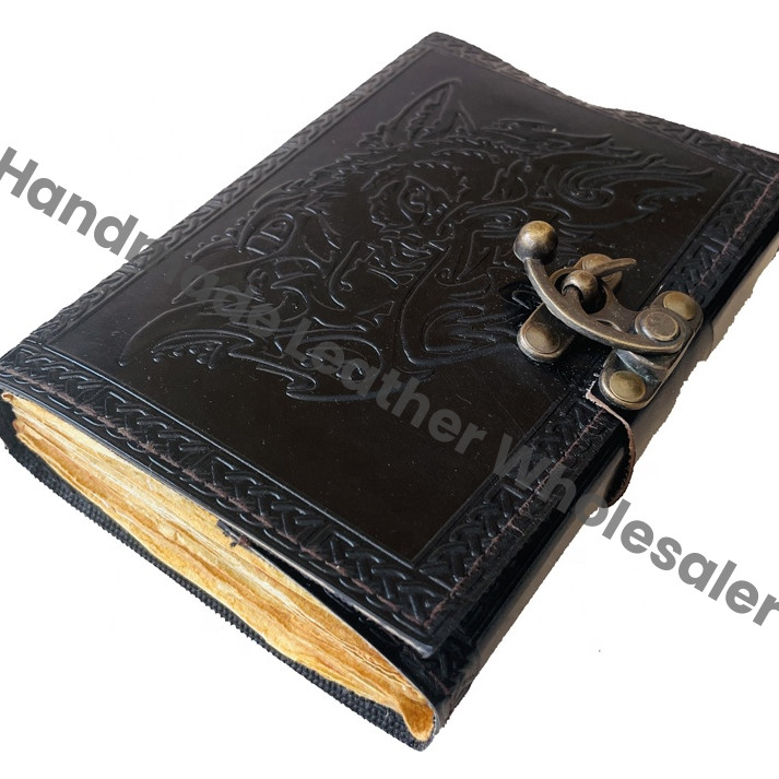 Large Wolf Vintage Leather Journal Grimoire Handmade Blank Spell Book of Shadows Gifts for Him Her Travel Planner Sketchbook