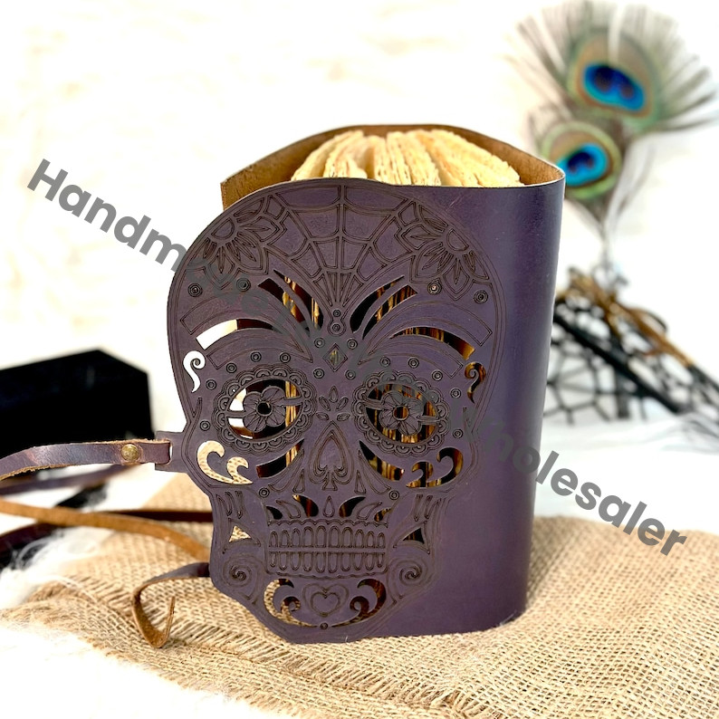 Laser Cut Leather Skull Journal: Blank Book of Shadows, Wiccan Gift