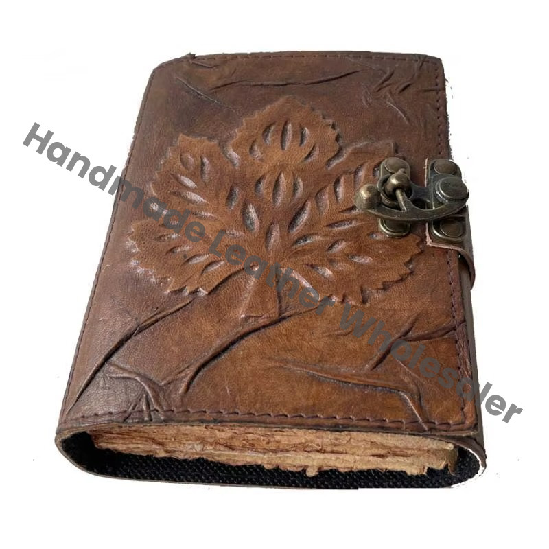 Leaf Embossed Grimoire Leather Address Book Brown Color Handmade Unlined Eco-friendly Paper Best Gift for Men Women