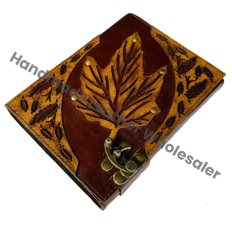 Leaf Leather Hardcover Journals Notebook Vintage Decor Brown Genuine Cover Deckle Pages Witch Spells C Lock Diary Antique Books
