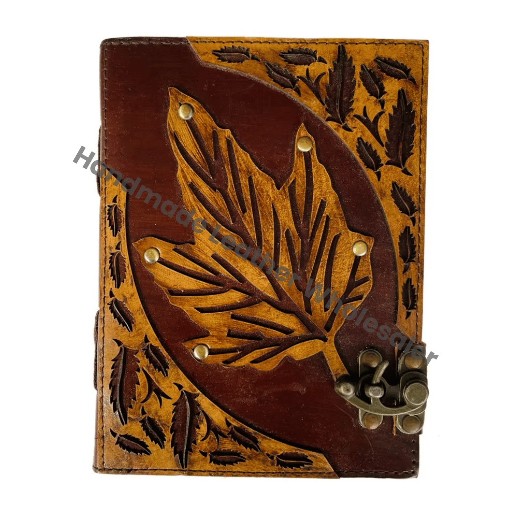 Leaf Leather Hardcover Journals Notebook Vintage Decor Brown Genuine Cover Deckle Pages Witch Spells C Lock Diary Antique Books