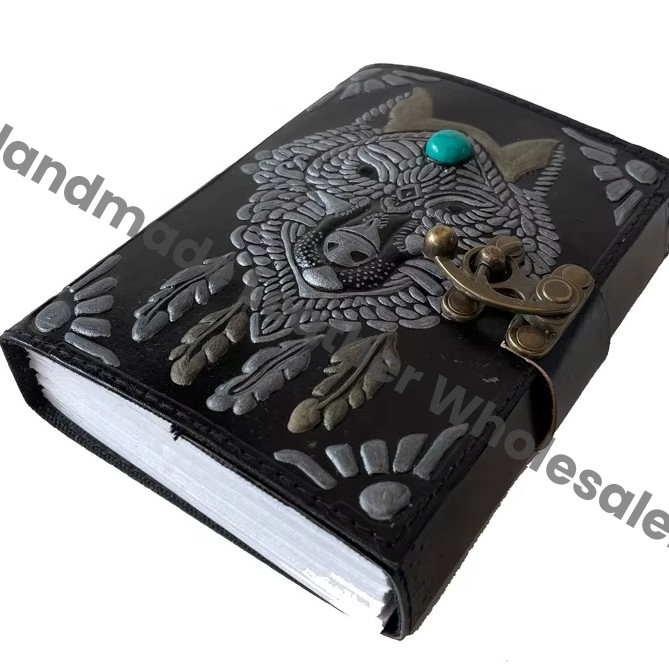 Leather Address Book Wolf Embossed Antique Handmade Leather Bound Eco-friendly Paper Black Best Gift for Men Women