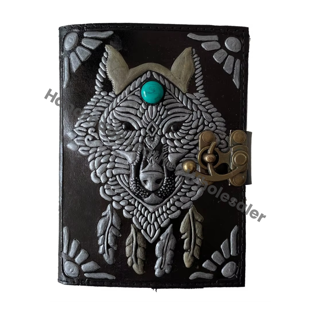 Leather Address Book Wolf Embossed Antique Handmade Leather Bound Eco-friendly Paper Black Best Gift for Men Women