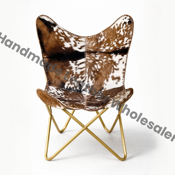 Leather Butterfly Chair: Vintage Cowhide Lounge, Golden Frame