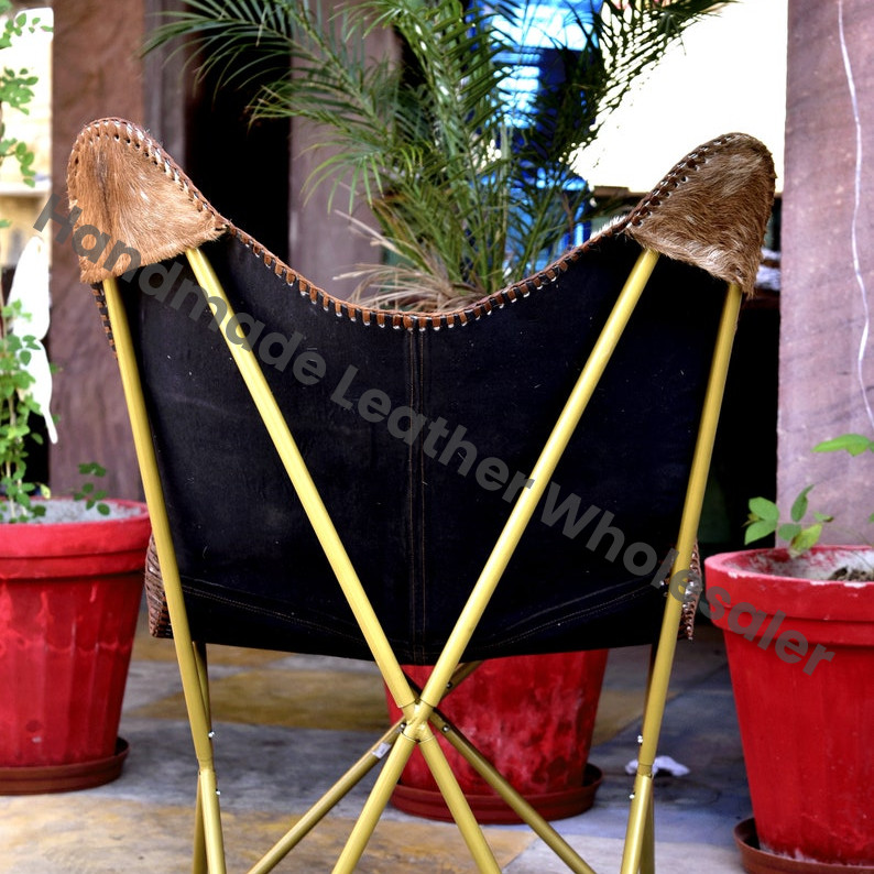 Leather Butterfly Chair: Vintage Cowhide Lounge, Golden Frame