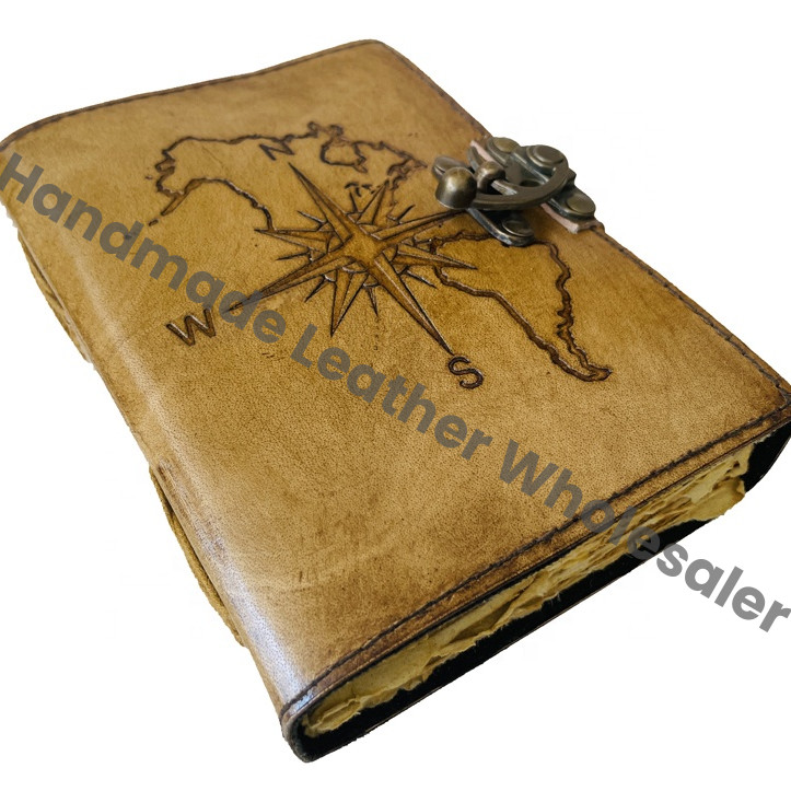 Leather Compass Embossed Journal Hardcover Diary With Metal Lock Brown Vintage Style Gift Vintage Charcoal Compass Embossed