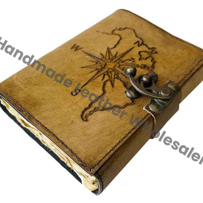 Leather Compass Embossed Journal Hardcover Diary With Metal Lock Brown Vintage Style Gift Vintage Charcoal Compass Embossed