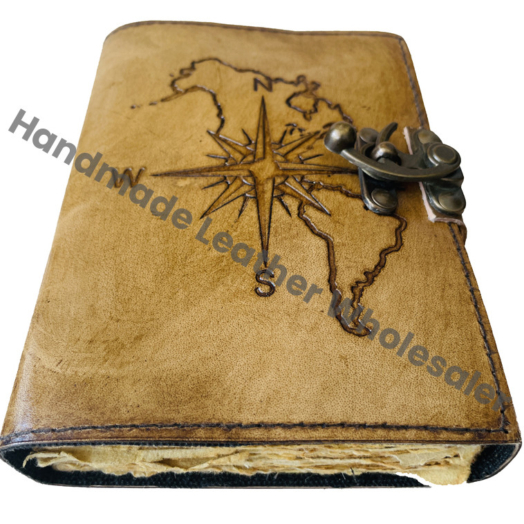 Leather Compass Embossed Journal Hardcover Diary With Metal Lock Brown Vintage Style Gift Vintage Charcoal Compass Embossed