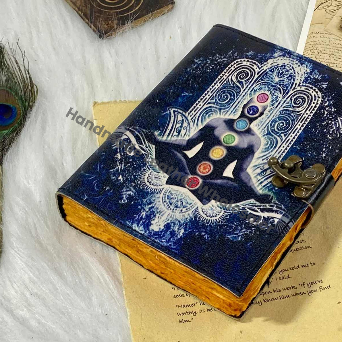 Leather Grimoire Journal: Chakra Hamsa Hand Book of Shadows Blank book