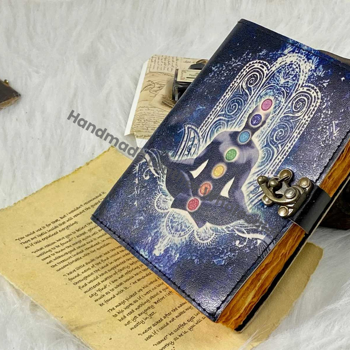 Leather Grimoire Journal: Chakra Hamsa Hand Book of Shadows Blank book