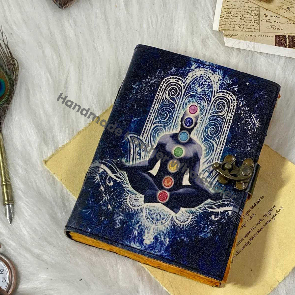 Leather Grimoire Journal: Chakra Hamsa Hand Book of Shadows Blank book