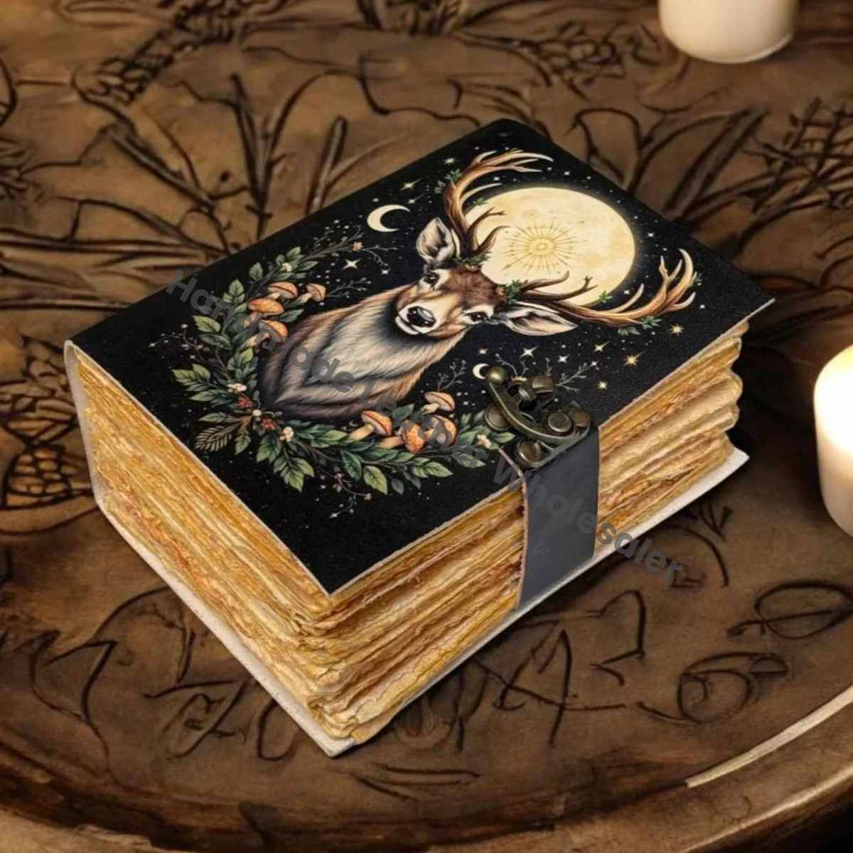 Leather Grimoire Journal: Deer Moon Print, Blank Book of Shadows