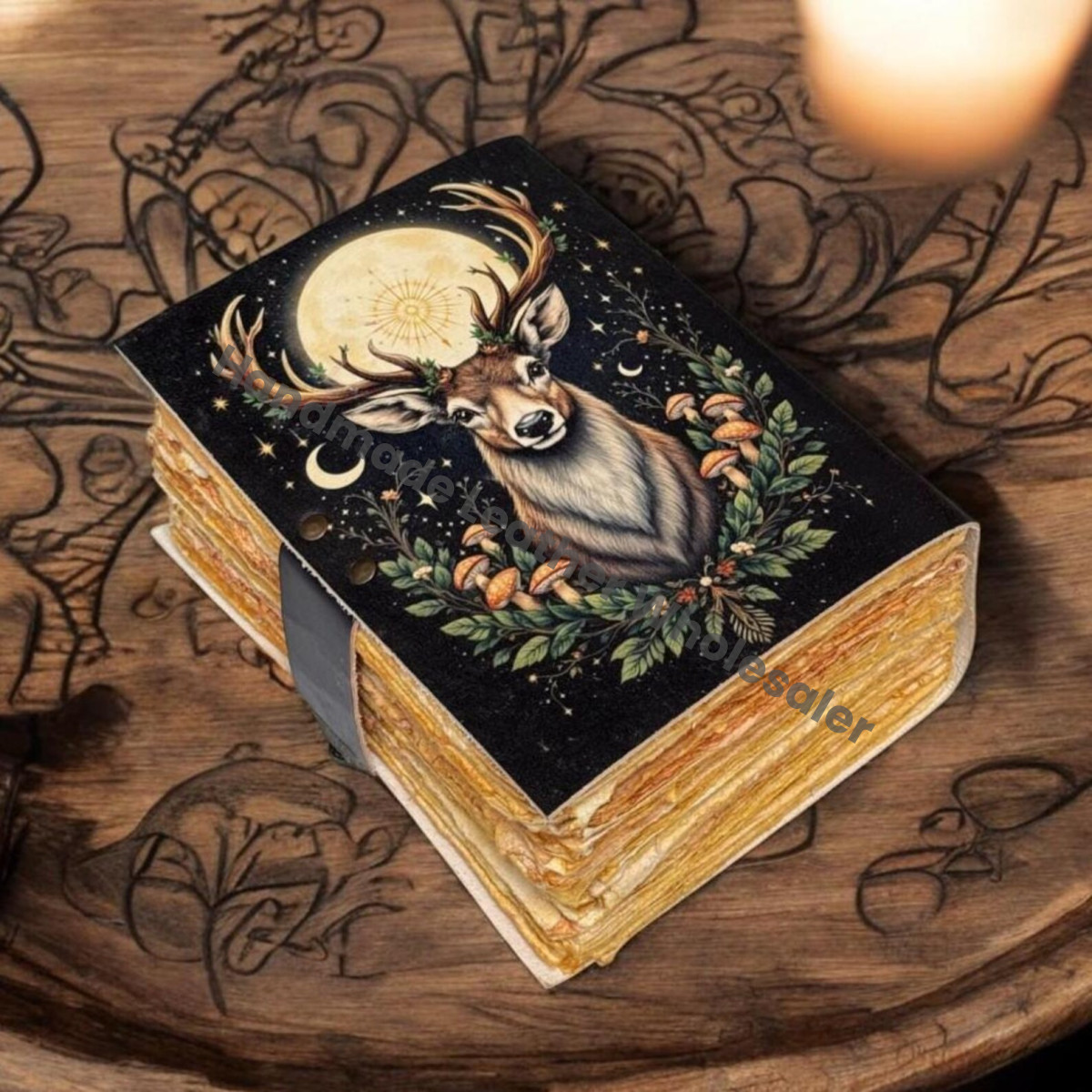 Leather Grimoire Journal: Deer Moon Print, Blank Book of Shadows