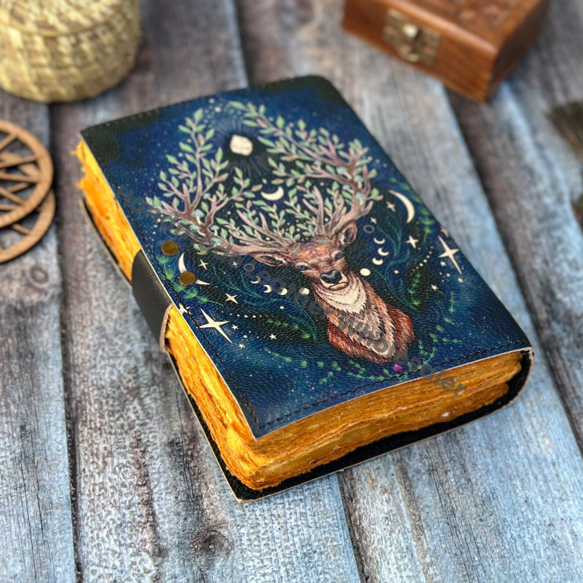 Leather Grimoire Journal: Deer Print Spell Book with Deckle Edge Paper