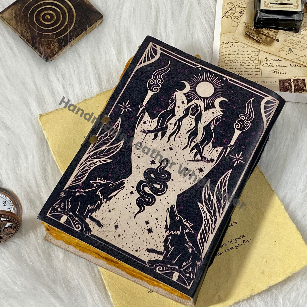 Leather Grimoire Journal: Handmade Spell Book of Shadows with Deckle Edge Paper