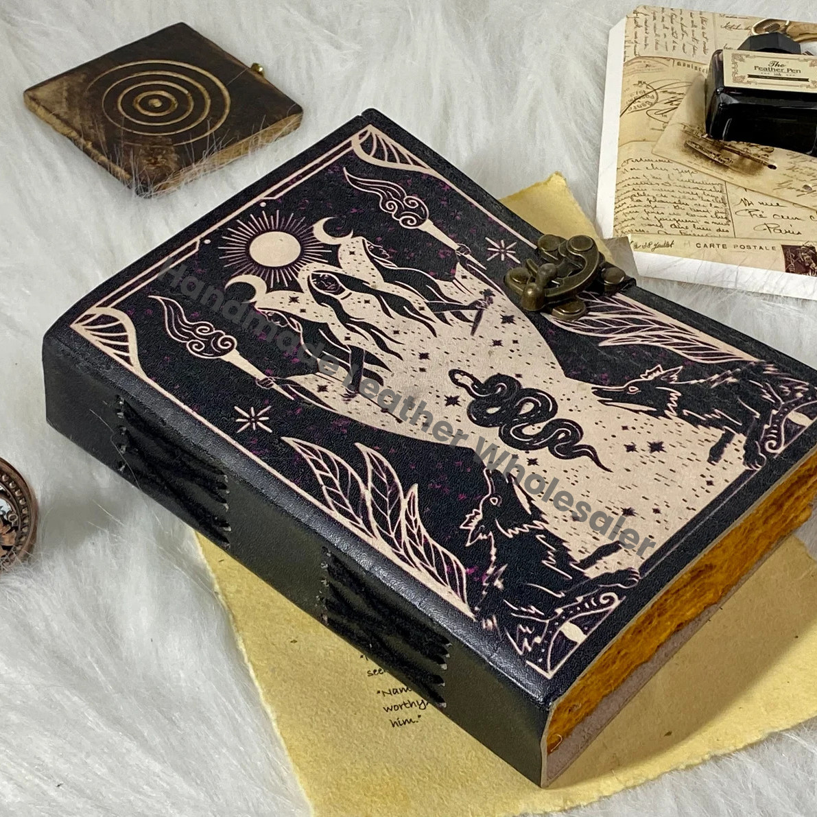 Leather Grimoire Journal: Handmade Spell Book of Shadows with Deckle Edge Paper