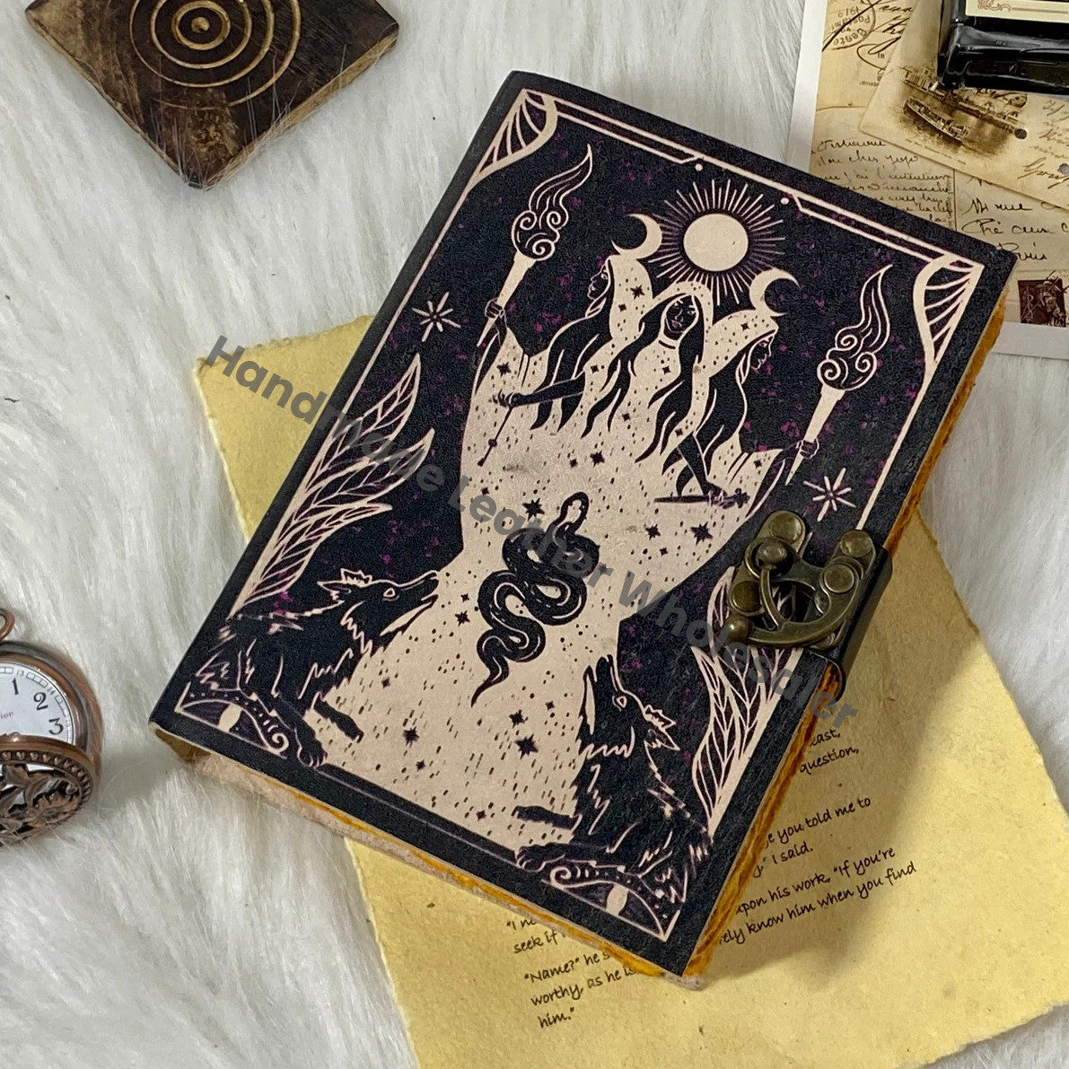 Leather Grimoire Journal: Handmade Spell Book of Shadows with Deckle Edge Paper
