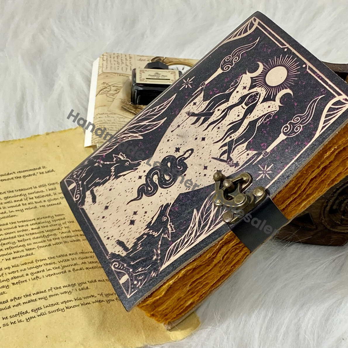 Leather Grimoire Journal: Handmade Spell Book of Shadows with Deckle Edge Paper