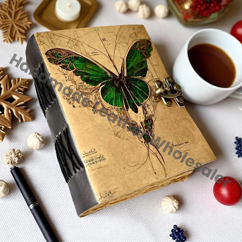 Leather Grimoire Journal – Luna Moth Book of Shadows, Witchcraft Spellbook, Wiccan Pagan Gothic Witchy Magic Diary Gift, Handemade