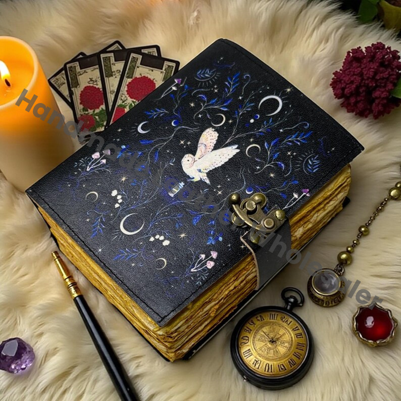 Leather Grimoire Journal – Owl Leather Book of Shadows, Witchcraft Spellbook, Wiccan Pagan Gothic Writing Notebook, Pagan Gifts