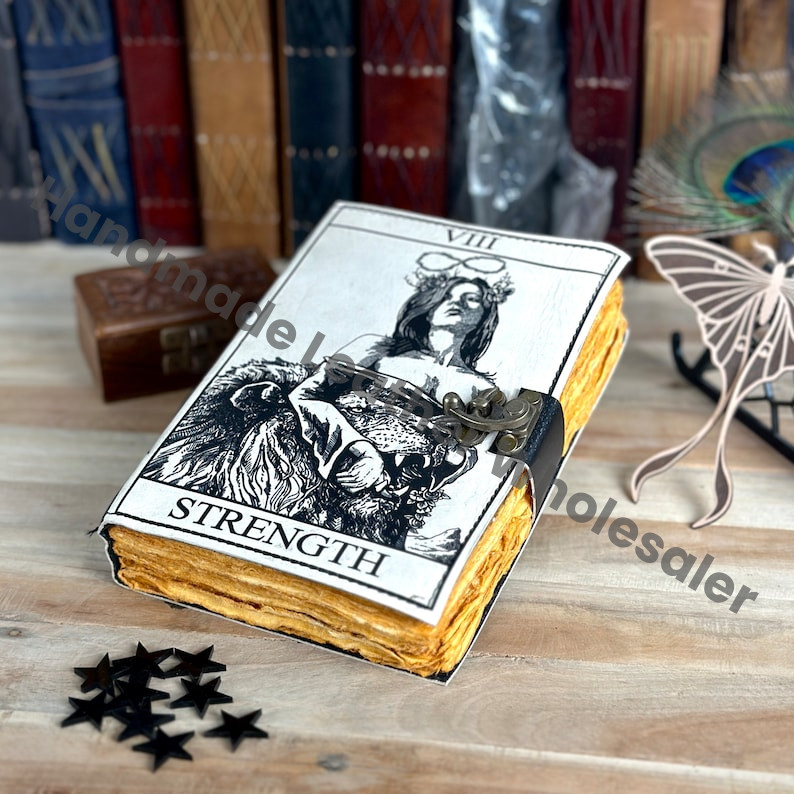 Leather Grimoire Journal: Strength Tarot Print, Blank Book of Shadows