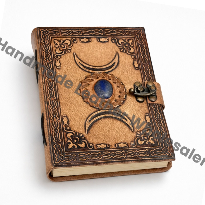 Leather Grimoire Journal: Third Eye Lapis Lazuli Stone, Triple Moon Book