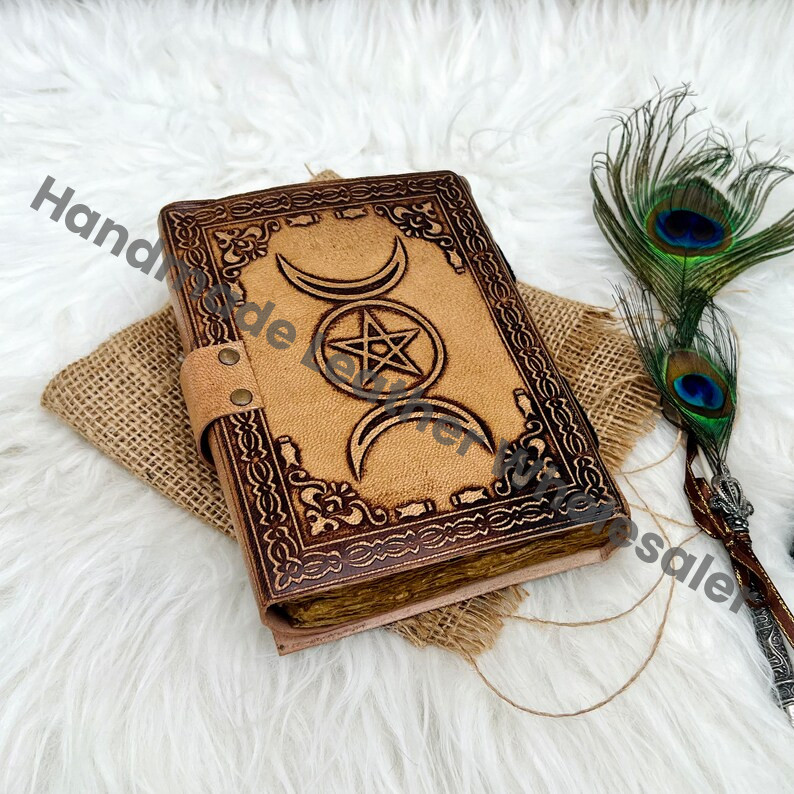 Leather Grimoire Journal: Third Eye Lapis Lazuli Stone, Triple Moon Book