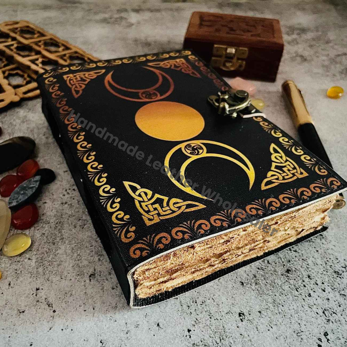 Leather Grimoire Journal: Triple Moon Goddess Book of Shadows