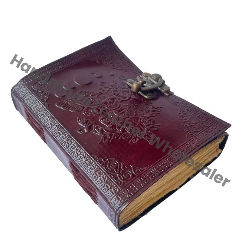 Leather Handmade Deckle Edge Paper Brown Antique Book Spell Charmed Sun Moon Moth Embossed Vintage Spiral Gift Sketchbook