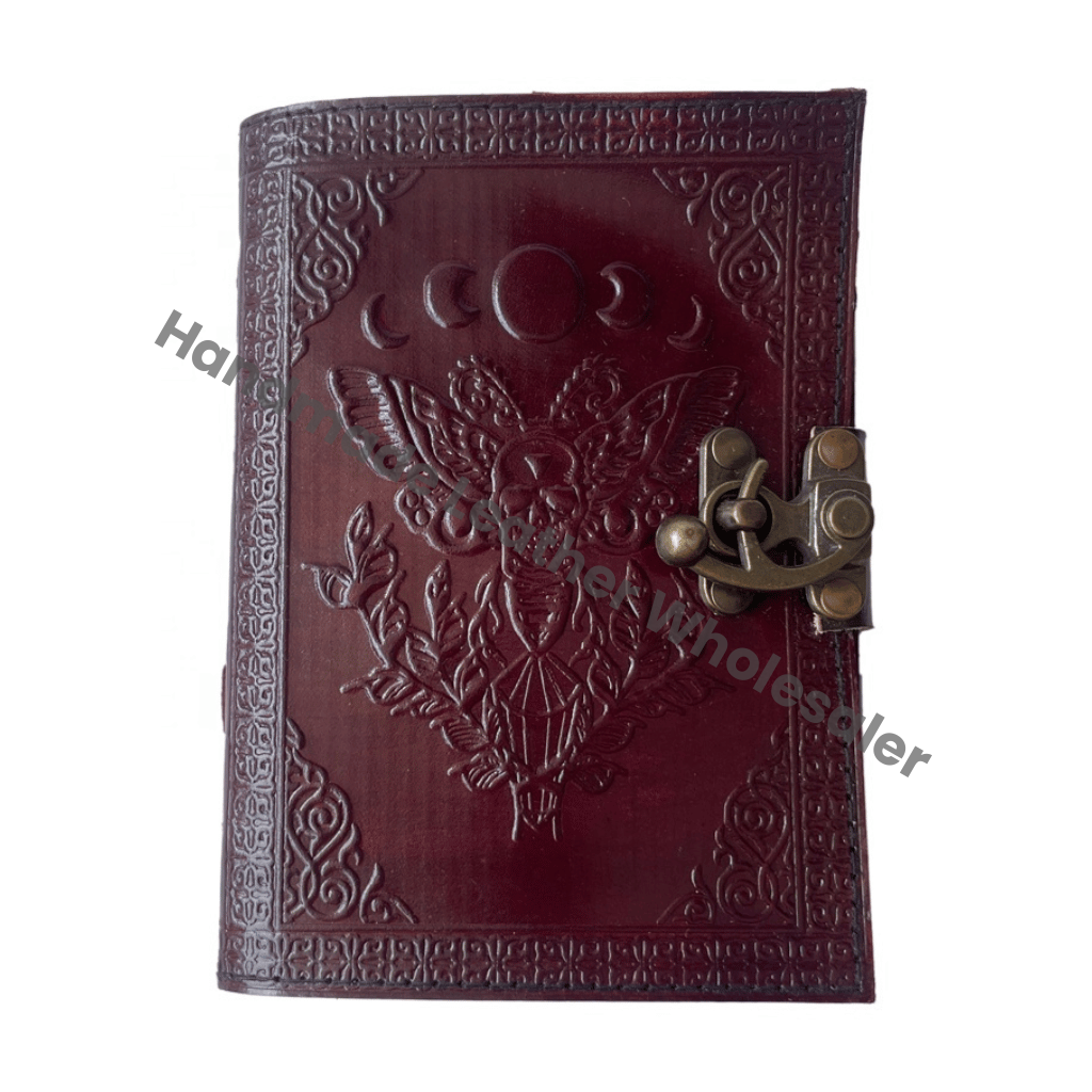 Leather Handmade Deckle Edge Paper Brown Antique Book Spell Charmed Sun Moon Moth Embossed Vintage Spiral Gift Sketchbook
