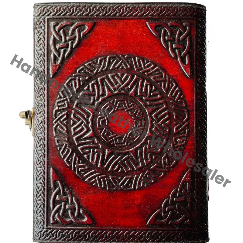 Leather Hardcover Diary with Celtic Knot Design and Pentagram Embossing Red Cover Sewing Binding Gift Option Recycled Genuine