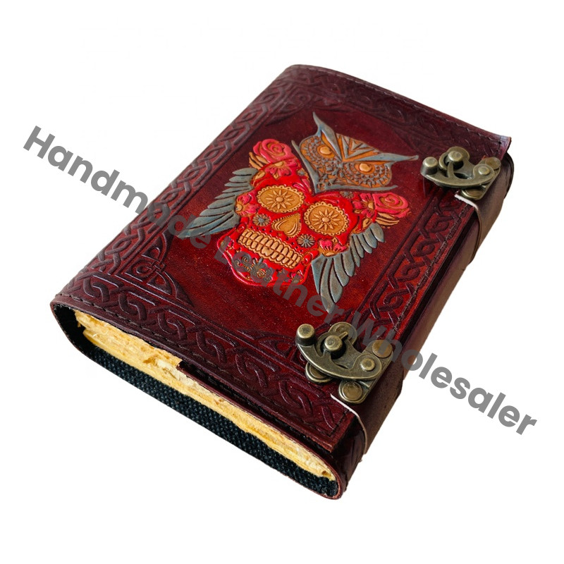 Leather Hardcover Diary With Sugar Skull And Owl Embossing Red Color Metal Clasp Gift Journal Perfect Gift