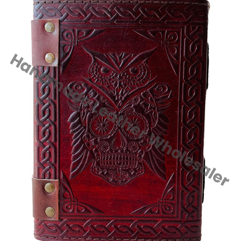 Leather Hardcover Diary With Sugar Skull And Owl Embossing Red Color Metal Clasp Gift Journal Perfect Gift