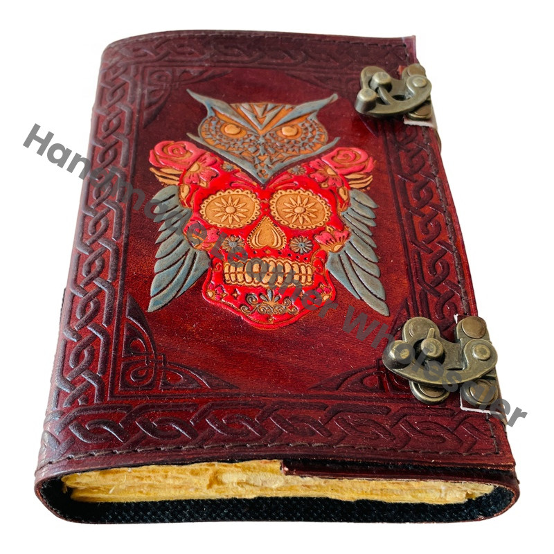 Leather Hardcover Diary With Sugar Skull And Owl Embossing Red Color Metal Clasp Gift Journal Perfect Gift