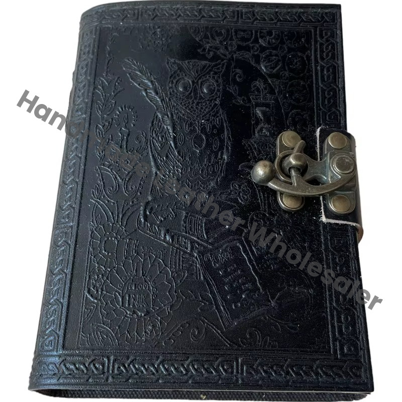 Leather Hardcover Journal Antique Embossed Lock Black Guest Book Owl Personal Organizer Handmade Recyclable Paper Gift Notebooks