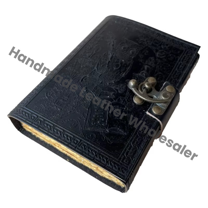 Leather Hardcover Journal Antique Embossed Lock Black Guest Book Owl Personal Organizer Handmade Recyclable Paper Gift Notebooks