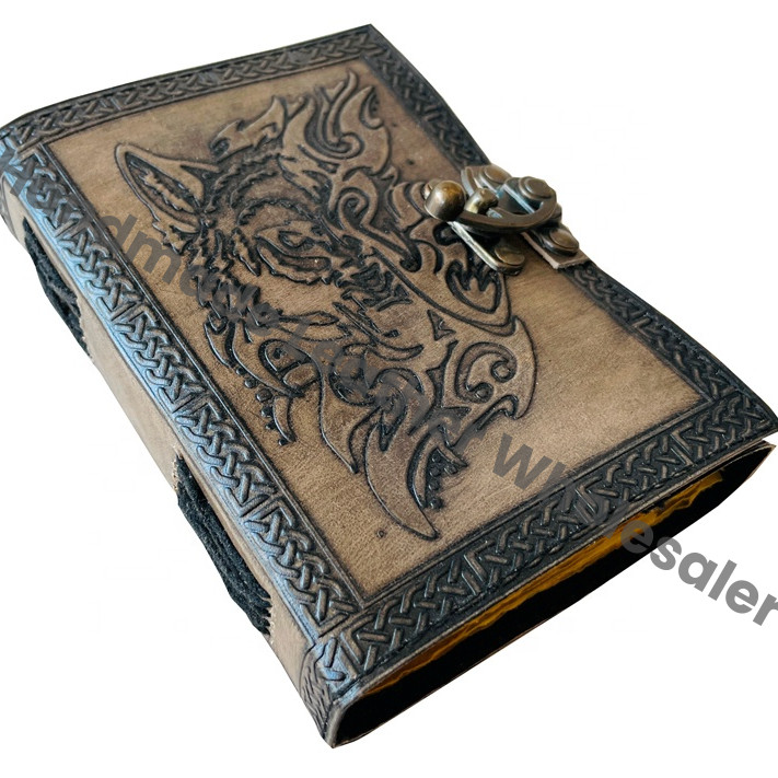 Leather Hardcover Journal Traveler Diary Custom Sketchbook Celtic Magical Wolf Face Notebook Gift Vintage Handmade Recyclable
