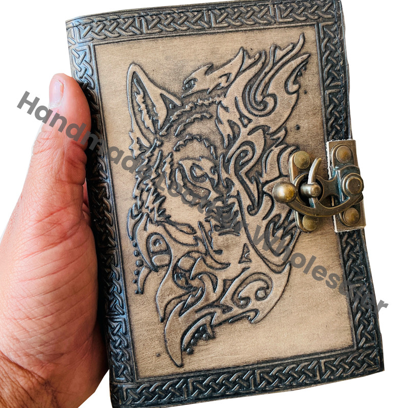 Leather Hardcover Journal Traveler Diary Custom Sketchbook Celtic Magical Wolf Face Notebook Gift Vintage Handmade Recyclable