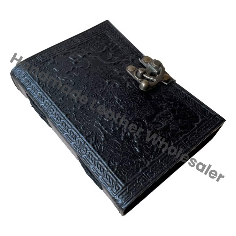 Leather Journal Antique Embossed with Lock Skull Black Guest Book Handmade Paper Gift Him Day Personal Organizer Notebooks Diary