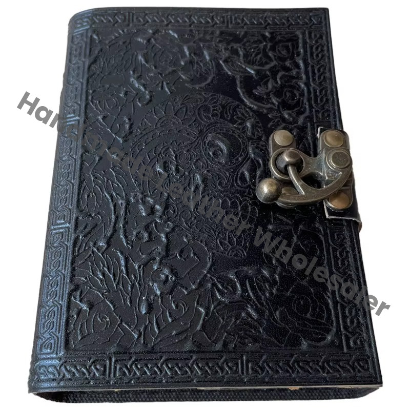 Leather Journal Antique Embossed with Lock Skull Black Guest Book Handmade Paper Gift Him Day Personal Organizer Notebooks Diary